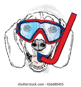 Funny dog with a mask and snorkel diving. Vector illustration for greeting card, poster, or print on clothes. Funny dog.