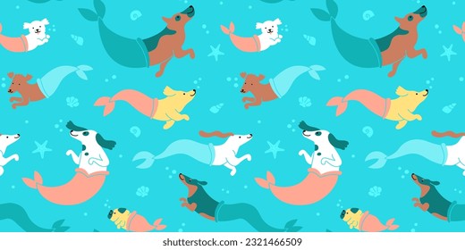 Funny dog mermaid swimming underwater cartoon seamless pattern in flat illustration style. Cute summer puppy pet group in beach background texture. Under water sea dogs wallpaper print.