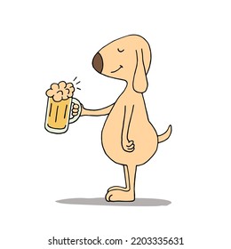 Perro gracioso con una taza de cerveza. Perro alcohólico. Bebida alcohólica. Borracho. Doodle. Dibujado a mano.