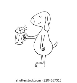 Perro gracioso con una taza de cerveza. Perro alcohólico. Bebida alcohólica. Borracho. Doodle. Dibujado a mano. Esbozo. Silhouette. Blanco y negro. Contacto. Colores.