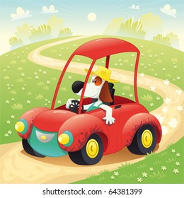 Funny dog on a car. Cartoon and vector illustration, isolated objects
