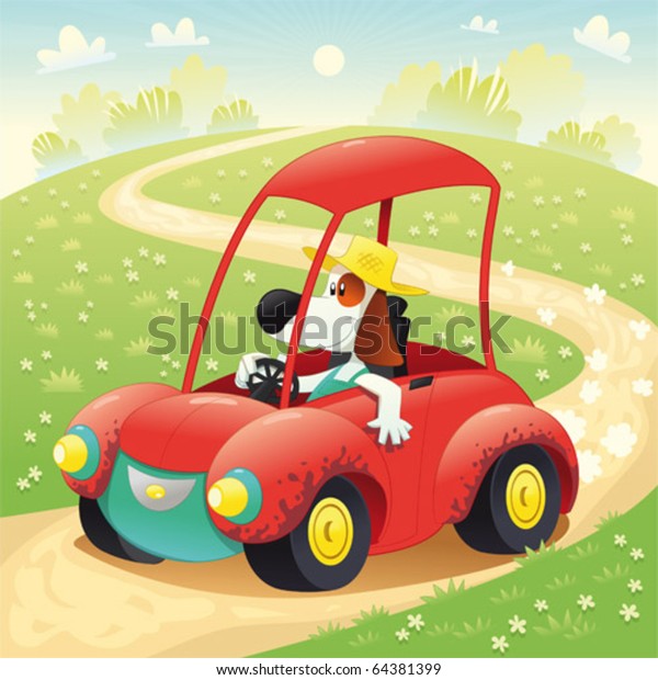 Funny dog on a car. Cartoon and vector\
illustration, isolated\
objects