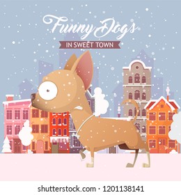 Funny dog on a city background. Vector collection.