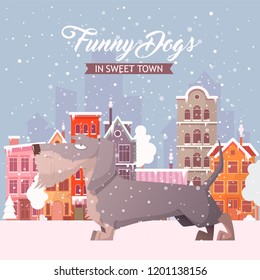 Funny dog on a city background. Vector collection.