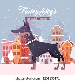 Funny dog on a city background. Vector collection.