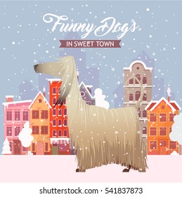Funny dog on a city background. Vector collection.