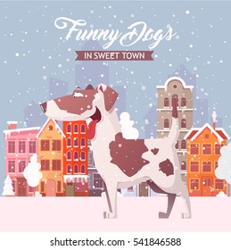 Funny dog on a city background. Vector collection.