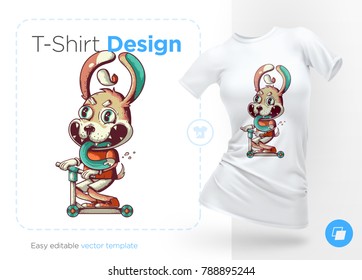 Funny dog on a kick scooter. Prints on T-shirts, sweatshirts, cases for mobile phones, souvenirs. Isolated vector illustration on white background.