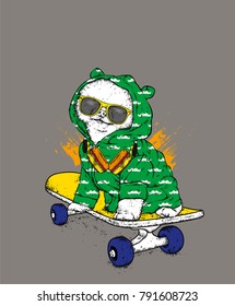 Funny dog on a skateboard. Vector illustration. Pedigree dog. Puppy wearing a headphones.