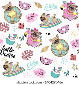 funny dog ​​pug on surfboard and inflatable flamingo seamless pattern on white background