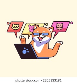 Funny dog at online meeting concept. Cute Shiba work in team, freelance teamwork, puppy talk on video call, freelancers discuss business, Akita inu with laptop. Flat isolated vector illustration