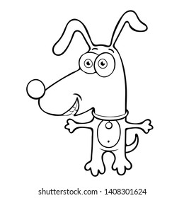 Funny dog outline, cartoon character, painted cute animal, black and white drawing, silhouette, sketch, coloring. Comical puppy open arms for hugs isolated on white background. Vector illustration