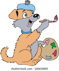 Funny dog painter. Cartoon vector illustration.