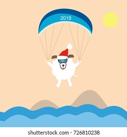 Funny dog paragliding over the sea. Symbol of the year 2018. Happy New Year and Merry Christmas! Greeting card. Vector illustration. 