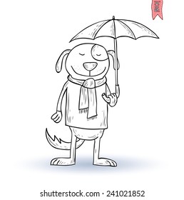funny dog pet in the rain, vector illustration.