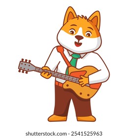 Lustiger Hund, der Gitarre spielt.Netter Rockstar.Tierische Cartoon-Figuren.Vektorgrafik. Der Musiker spielt Gitarre. Musiker mit Gitarre.