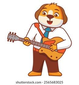 Funny dog playing guitar.Cute rockstar .Animal cartoon characters.Vector illustration. The musician plays the guitar.Musician with guitar.