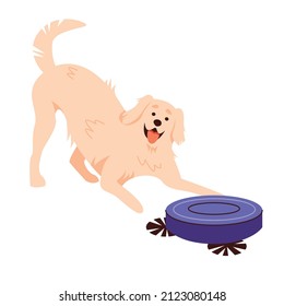 Funny dog playing with robot vacuum cleaner. Smart home equipment and domestic animals. Isolated flat vector illustration. Design element.