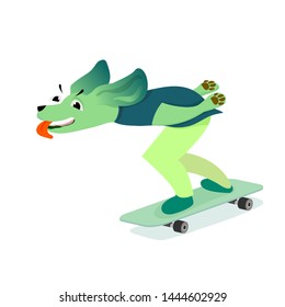 Funny dog playing skateboard in aerodynamic pose isolated on white background.