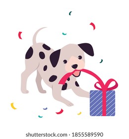 Funny Dog with Present Box, Adorable Spotted Puppy, Symbol of Xmas and New Year, Happy Winter Holidays Concept Cartoon Style Vector Illustration