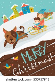 Funny dog pulling sledge with children