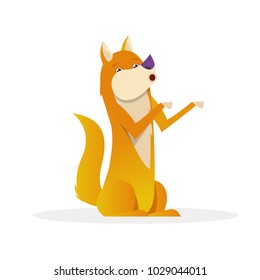 Funny dog with raised tail up sitting vector flat illustration. Dog cartoon character isolated on white background.