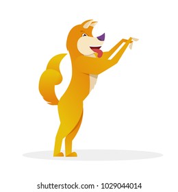 Funny dog with raised tail up standing and waiting for friend vector flat illustration. Dog cartoon character isolated on white background.