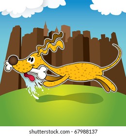 Funny dog running with bone. Vector illustration.