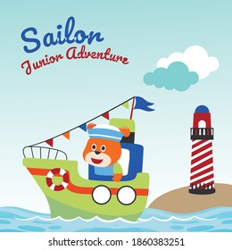 Funny dog sailor cartoon vector on little boat with cartoon style. Creative vector childish background for fabric, textile, nursery wallpaper, poster, card, brochure. and other decoration.