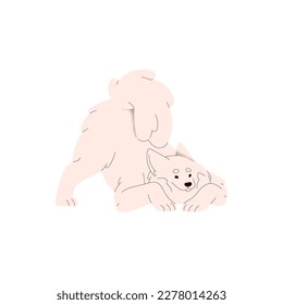 Funny dog of Samoyed breed. Cute fluffy Russian doggy in bowing down pose, inviting to play. Playful purebred canine animal in fun position. Flat vector illustration isolated on white background
