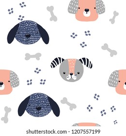 Funny dog seamless pattern. Kids fashion print. Vector hand drawn illustration.