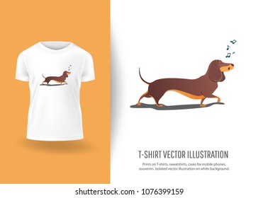 Funny dog sings song. Prints on T-shirts, sweatshirts, cases for  phones, souvenirs. Isolated vector illustration on white background.