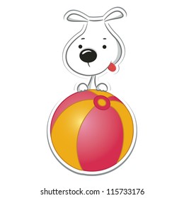 Funny dog sitting on the ball. Sticker. Vector illustration