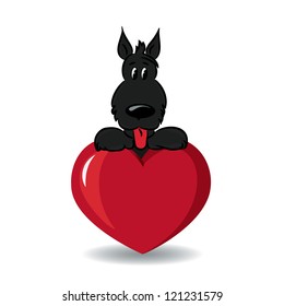 A funny dog sitting on the red heart -vector illustration