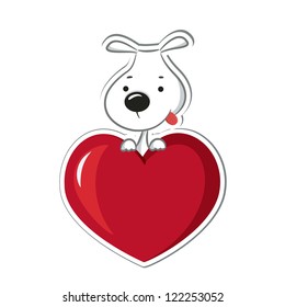 A funny dog sitting on the red heart. Sticker. Vector illustration