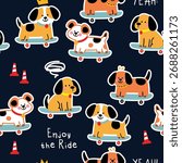 Funny Dog Skateboarding Vector Pattern 