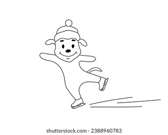 Patinador de perros divertidos, patinaje sobre hielo, perro blanco y negro doodle en invierno