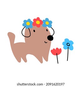 Funny dog sniff flowers. Vector illustration on white background.