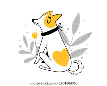 A funny dog with a spot in the form of a heart sits and smiles among flowers and leaves. Cute card with a puppy