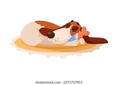 Funny Dog with Spotted Coat and Collar Cuddling and Sleeping Vector Illustration