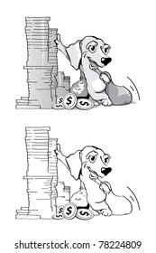 Funny dog standing near the coins