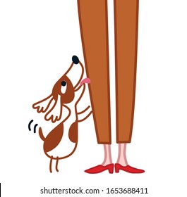 Funny dog standing on two paws and asking the owner to play or food. vector illustration