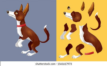 Сute funny dog stands on two legs and plays. Brown white dog. Cartoon character. Classic handmate vector illustration. Isolated. Dog for animation