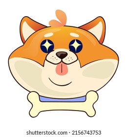 Funny dog with stars in eyes. Cute shiba inu. Emoji sticker. Colorful vector illustration isolated on white background. 