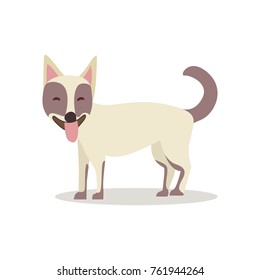 Funny dog with straight ears, warm fur, open mouth and long tongue isolated cartoon flat vector illustration on white background. Domestic animal in cheerful mood.