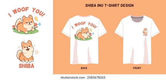 Funny dog t shirt print. Fluffy shiba inu pet character, happy animal mascot, clothes design, cartoon kawaii akita puppy, comic isolated illustration on realistic mockup, tidy vector concept