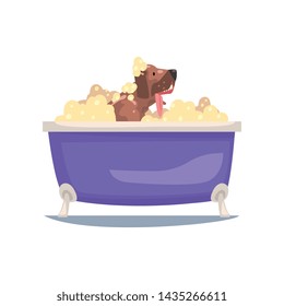 Funny Dog Taking Bath, Funny Animal Washing in Foamy Bathtub Vector Illustration