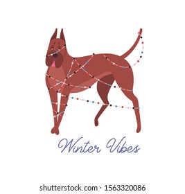 Funny dog tangled in Christmas garland flat illustration with inscription. Winter vibes vector greeting card design element. Adorable cartoon mastiff. Cute wintertime holidays postcard design.