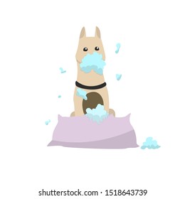 Funny Dog Tears A Pillow To Shreds. Vector Flat Illustration.