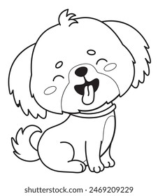 Funny dog with tongue hanging out. Outline cartoon kawaii animal character. Line drawing, coloring book. Vector illustration. Kids collection.